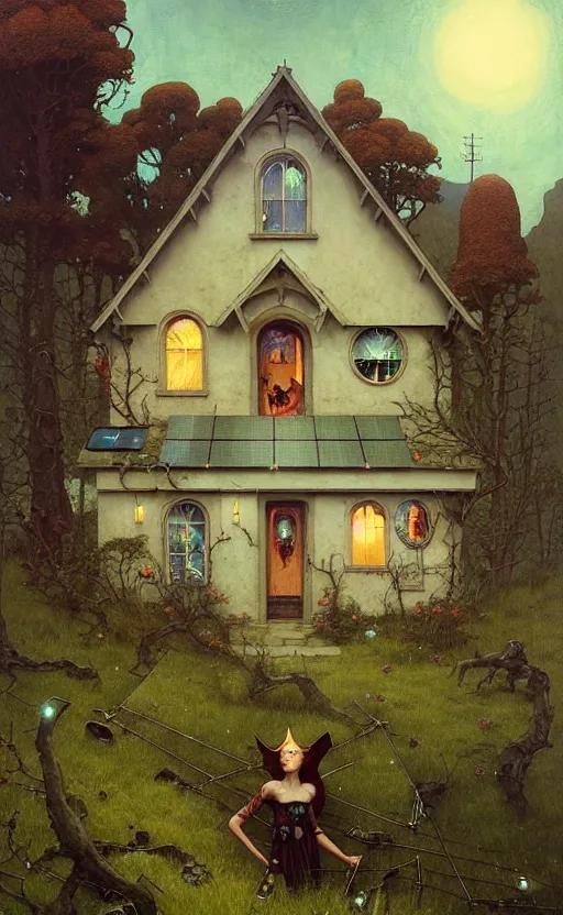 Image similar to a hyper realistic witchy cottage with solar panels on a tall hill, distant explosions in the mountains, atmospheric lighting, lush foliage, painting by chiara bautista and tom bagshaw, mucha, beksinski and norman rockwell and greg rutkowski weta studio, and lucasfilm