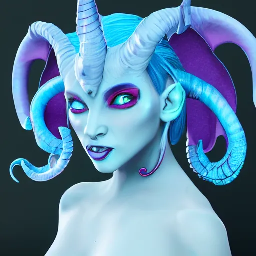 Prompt: female tiefling with blue skin, tendrils, and horns