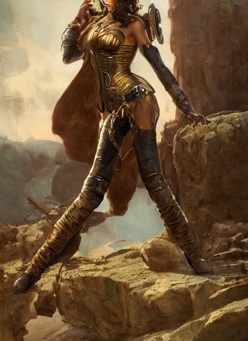 Prompt: oil painting of a highly detailed steampunk gal gadot in handcuffs while standing on a rock : leonardo da vinci, greg rutkowski, magali villeneuve