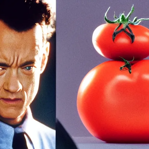 Prompt: still from a movie starring tom hanks with his head made out of a large tomato