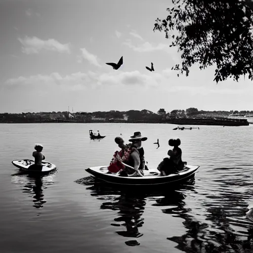 Prompt: lavish by keith parkinson. the experimental art of a group of well - dressed women & children enjoying a leisurely boat ride on a calm day. the women are chatting & laughing while the children play with a toy boat in the foreground.