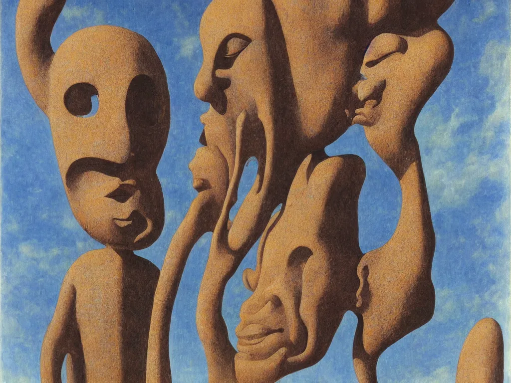 Prompt: African god mask, sculpture, Henri Moore giant, blue eyed, looking from the water conch. Boulders of marbled rocks, spiked, wings. Painting by Rene Magritte, Moebius, Jean Delville, Max Ernst, Maria Sybilla Merian, Alfred Kubin