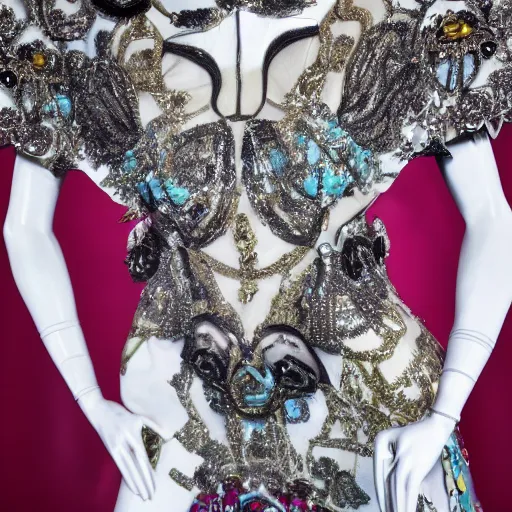 Prompt: close up of female movie star of with avant - garde dress, official versace editorial, highly detailed