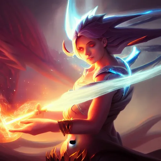 Image similar to amazing portrait of a light summoner with a magic wand summoning a dragon, league of legends splash art, deiv calviz, splash art, natural light, elegant, intricate, fantasy, atmospheric lighting, by greg rutkowski, league of legends splash art, hd wallpaper, ultra high details