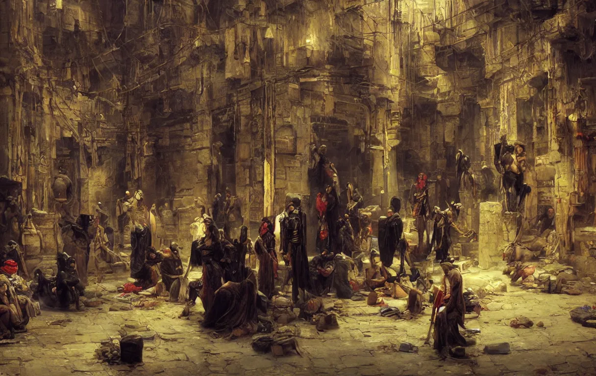 Image similar to an underground black market in a fantasy Cairo city, oil painting by Charles bargue and Jean lean Gerome, orientalism, trending on artstation