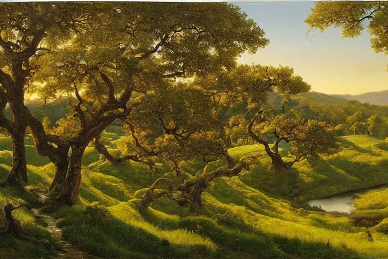 Image similar to masterpiece painting of oak trees on a hillside overlooking a creek, by james c. christensen