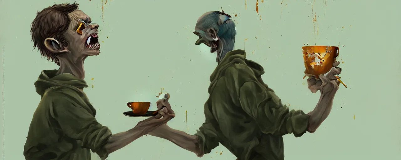 Image similar to duotone olive illustration 3 / 4 portrait of gollum drinking cup of coffee symmetrical composition accidental renaissance golden ratio. by sachin teng and sergey kolesov and ruan jia and heng z. graffiti art, scifi, fantasy, hyper detailed. octane render. concept art. trending on artstation