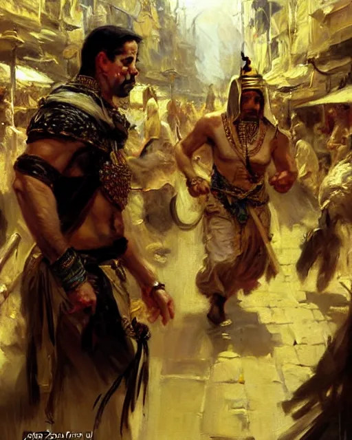 Image similar to fantasy concept art by anders zorn and craig mullins depicting colin farrell as an ancient egyptian rogue running through a busy oriental market