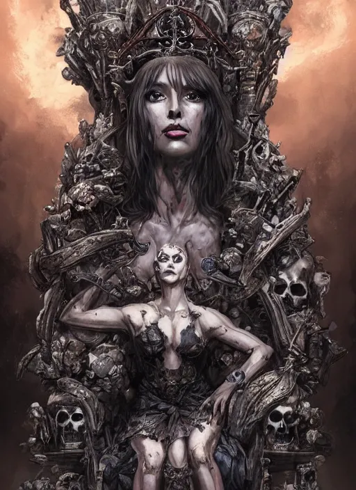 Image similar to the ruined queen sitting on a throne made of skulls, concept art, digital illustration, trending on artstation, deviantart, artgerm, epic composition, masterpiece, highly detailed, perfect face, realistic face, wlop, ross draws