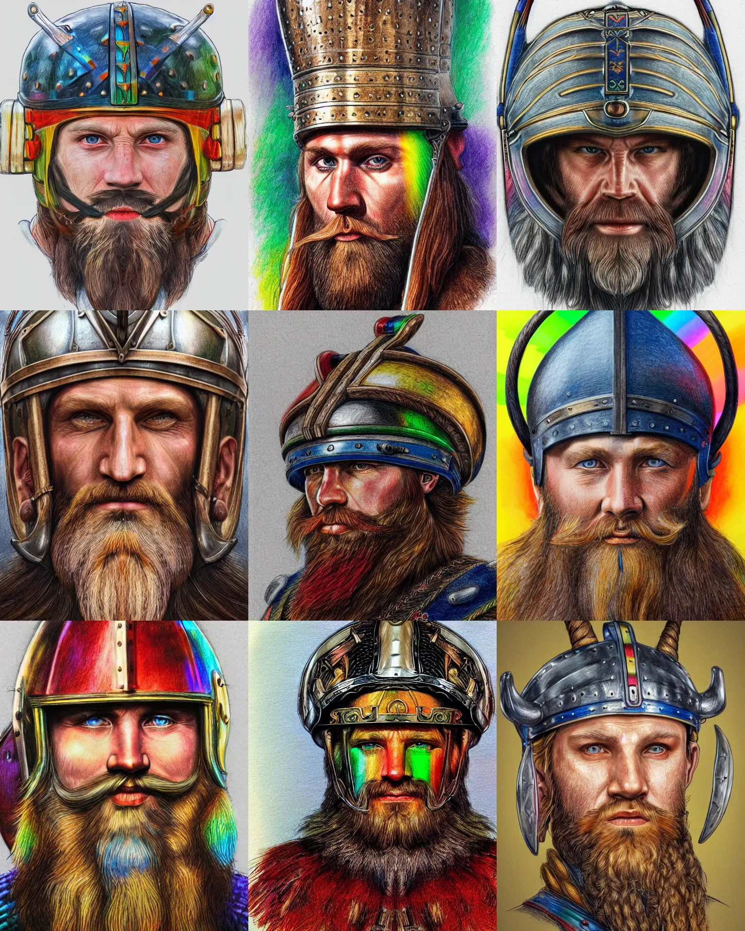 Prompt: very detailed vibrant technicolor pencil drawing a head of a beared viking wearing nordic helmet, white wall background, front face symmetrical, trending on artstation, fine art, directional lines, rainbow hues, by lui ferreyra