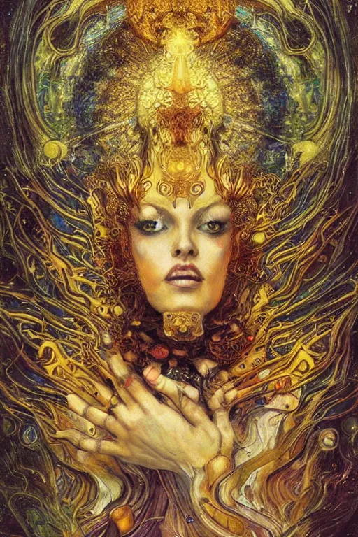 Image similar to Divine Chaos Engine by Karol Bak, Jean Deville, Gustav Klimt, and Vincent Van Gogh, beautiful visionary mystical portrait, sacred, otherworldly, fractal structures, surreal dreamscape, ornate gilded medieval icon, third eye, spirals