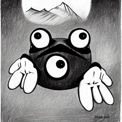 Image similar to a drawing of three huge eyes floating over a mountain, black and white, vintage poster, film grain