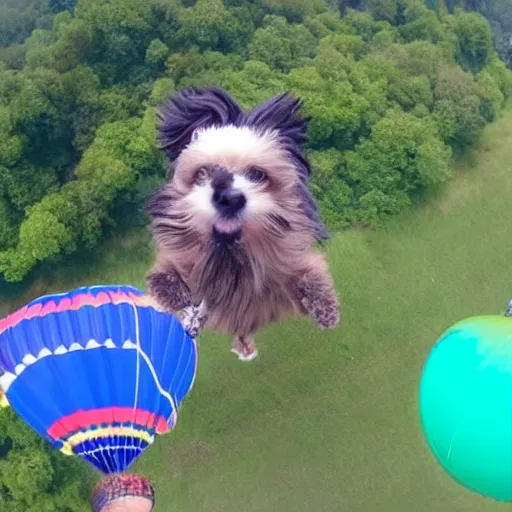 Image similar to a hairy dog with a large open balloon parachute jumping from a cliff. captured by a drone. wide camera. epic