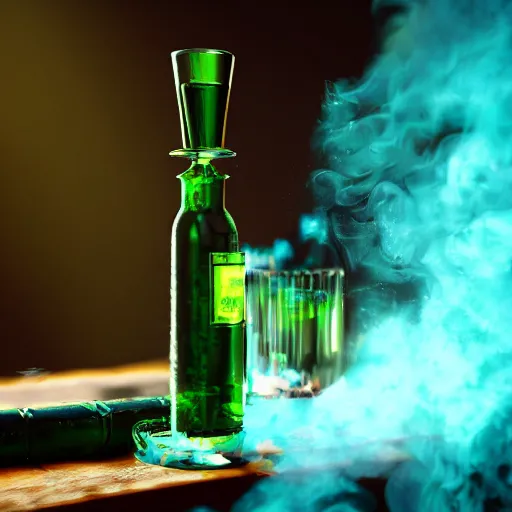 Prompt: hyper-realistic photo of a green absinthe bottle surrounded by blue smoke swirling around, unreal engine, cinematic, hyper-realistic, DOF