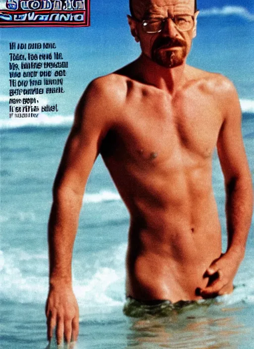 Prompt: walter white on the cover of swimsuit illustrated 1 9 8 0