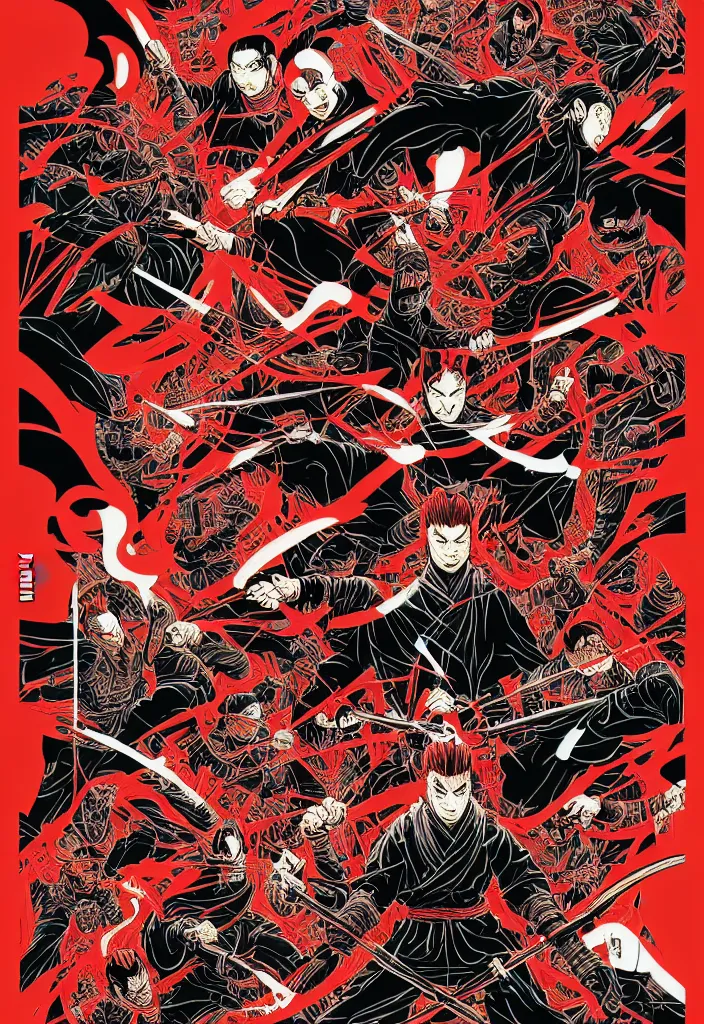 Image similar to a comic book style japanese poster of ronin by dan mumford, yusuke murata and junji ito, blood lines, yokai, shinigami, cherry blossom, spirits, sake, shurikens, kanji, 8k, unreal engine, trending on artstation, pixiv, intricate details, volumetric lighting