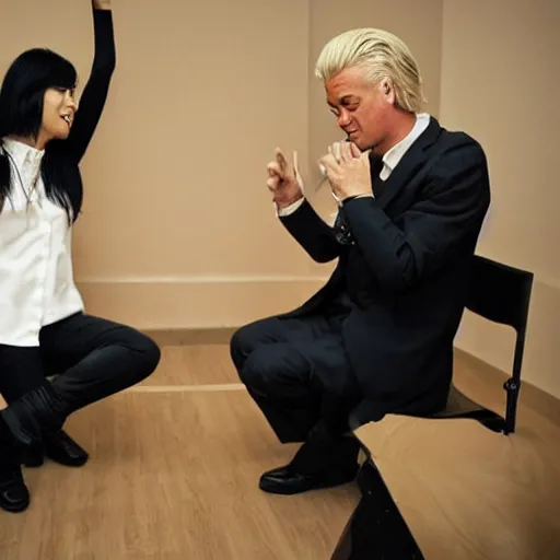 Image similar to geert wilders and yoko ono jamming out