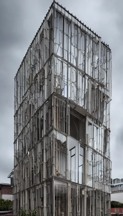 Prompt: exterior shot of a contemporary minimalistic 2 floors greenhouse architecture in a city block, with a transparent facade made in wood textile, front view, creepy , overcast, highly detailed, iwan baan