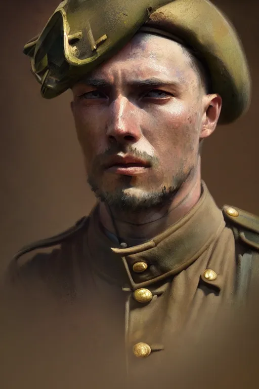 Image similar to portrait of a world war 1 soldier looking through sniper scope to the camera, extremely detailed digital painting, in the style of fenghua zhong and ruan jia and jeremy lipking and peter mohrbacher, mystical colors, rim light, beautiful lighting, 8 k, stunning scene, raytracing, octane, trending on artstation