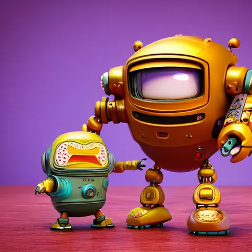 Image similar to two small chubby bots, hyperdetailed colourful, smooth panelling, intricate detail, holding a battery, single eye, style of cute, intricate rusty arms, antenna, floating, white studio, mechanical, cute toy, gameboy advanced, ambient light, in the style of pixar animation poster, pokedstudios,, blender, octane render, 8 k,