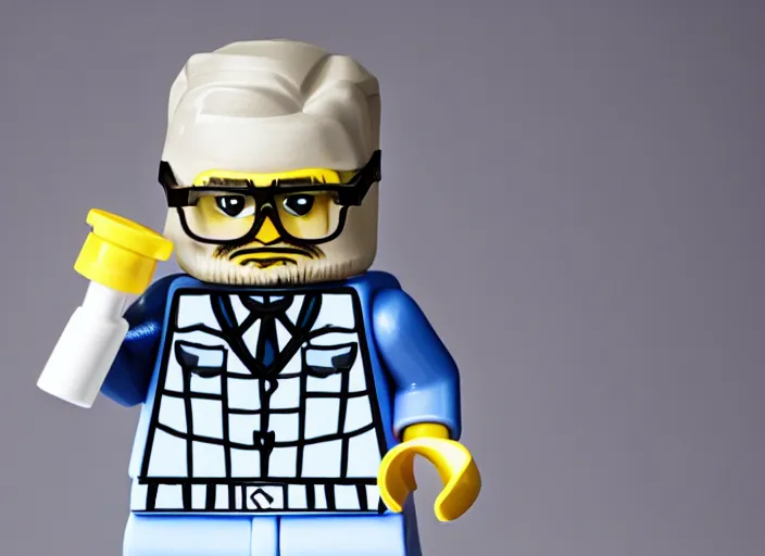 Image similar to product photo still of lego walter white, 8 k, 1 2 0 mm macro, f 1. 8, studio lighting, key light