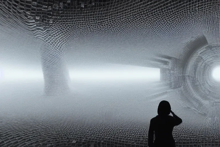 Prompt: a tourist taking a photo of a complex organic fractal 3 d living humanoid megastructure, cinematic shot, foggy, photo still from movie by denis villeneuve