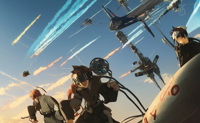 Image similar to Battle of Midway by Makoto Shinkai, cyborgs, futuristic, steampunk, Magic