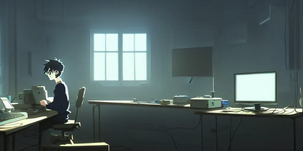 Image similar to a nerdy boy is programming at a computer in a room full of gadgets, by makoto shinkai and ghibli studio, dramatic lighting, highly detailed, incredible quality, trending on artstation