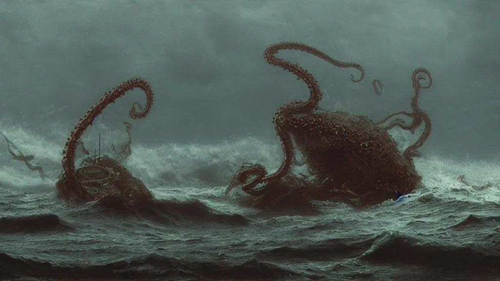 Image similar to a huge monster of the deep emerges out of the crashing waves to attack a small fishing boat, tentacles, Beksiński, Achenbach, horror, cinematic lighting, Technicolor, global illumination