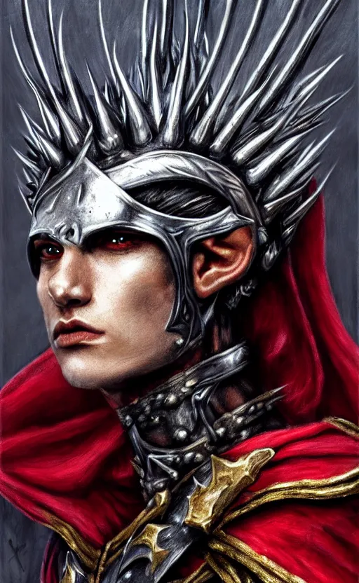 Image similar to A portrait of a male elf, 20 years old, short silver hair, red eyes, wearing a spiked black metal crown, wearing black heavy armor with gold trim, wearing a red cape, lean but muscular, attractive, command presence, royalty, weathered face, smooth, sharp focus, illustration, concept art, highly detailed portrait, muscle definition, fantasy painting, ArtStation, ArtStation HQ