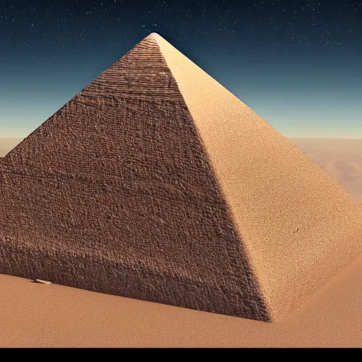 Prompt: front entrance of a pyramid with an inverted pyramid at the top in the desert partially covered by sand, highly detailed, videogame screenshot, panoramic view