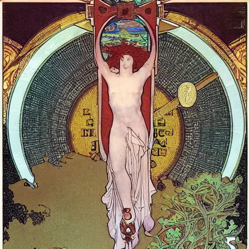 Image similar to a spiritual cross on top of a holy mountain, Mucha, Moebius, Mohrbacher