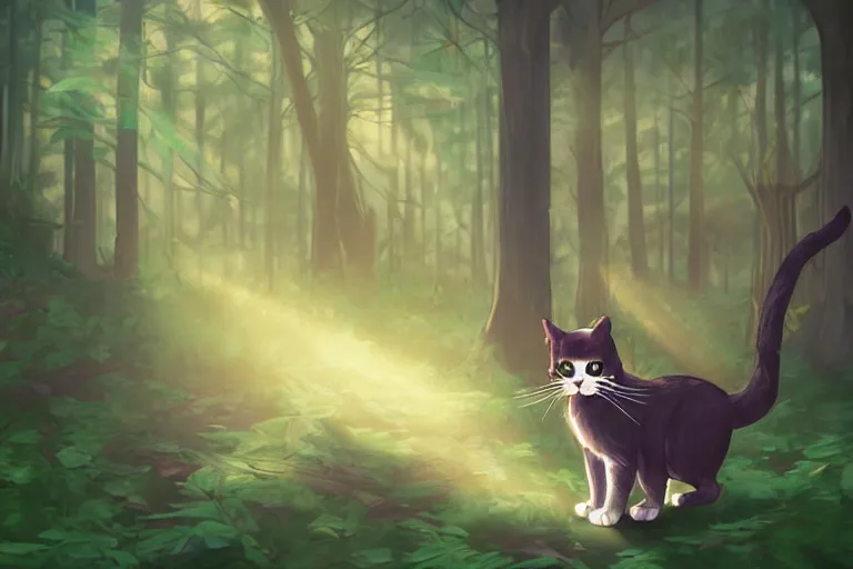 Prompt: a cat in a forest, backlighting, trending on artstation, furry art, by kawacy, warm lighting, digital art