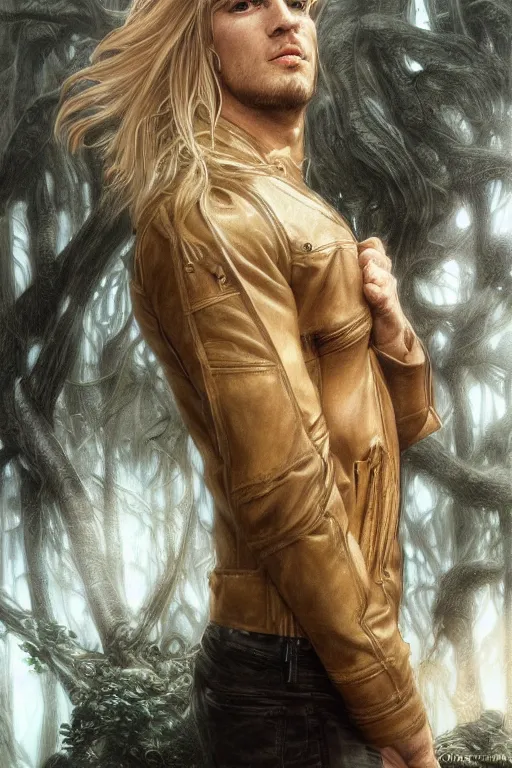 Image similar to portrait of a blonde herculian man in a leather - jacket, flowing hair, forest, full body, muscular, fantasy, intricate, elegant, highly detailed, digital painting, artstation, concept art, sharp focus, illustration, art by artgerm and greg rutkowski and alphonse mucha