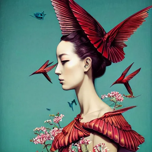 Image similar to full length view of a beautiful girl wearing an origami dress, hummingbirds, elegant, by esao andrews, by eiko ishioka, givenchy, by peter mohrbacher, centered, enchanting, floral ornamentic on cloth and hair, detailed beautiful face, high depth of field, origami, detailed fashion illustration, vogue, japanese, reallusion character creator