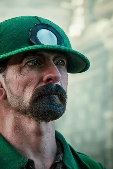 Image similar to very very intricate photorealistic photo of a realistic human version of luigi wearing his hat in an episode of game of thrones, photo is in focus with detailed atmospheric lighting, award - winning details