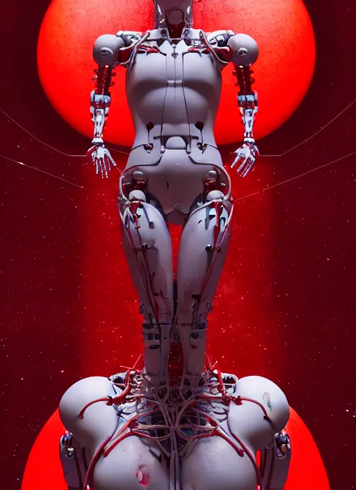 Image similar to space station exterior, a statue jesus on cross made of red marble, perfect symmetrical body, full body shot, inflateble shapes, wires, tubes, veins, white biomechanical, wearing epic bionic cyborg implants, masterpiece, intricate, biopunk, vogue, highly detailed, artstation, concept art, cyberpunk, octane render