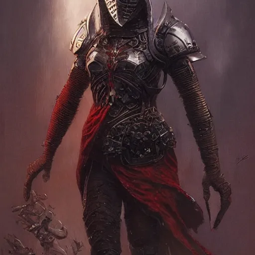 Image similar to young woman with short red hair, wearing black armour, bare legs, concept art, intricate details, highly detailed by greg rutkowski, michael whelan and gustave dore