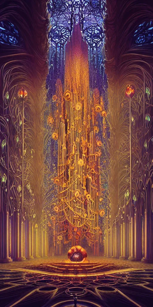 Image similar to Energetic gothic organ made of mushrooms portrait, Art Deco nature, fantasy, intricate art deco mushroom designs, elegant multidimensional cathedral of plants, glowing prismatic fractal chandeliers, highly detailed fractals, sharp focus, art by Artgerm and beeple and Greg Rutkowski and WLOP