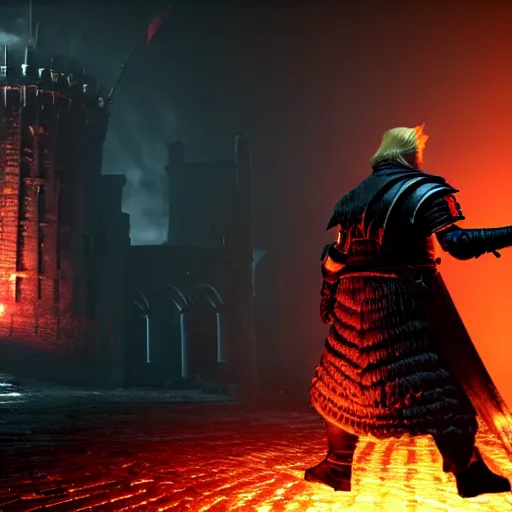 Prompt: donald trump in dark souls, ps 5 screenshot, isometric view, third person gameplay, praise the sun, 3 d render, cryengine, highly detailed