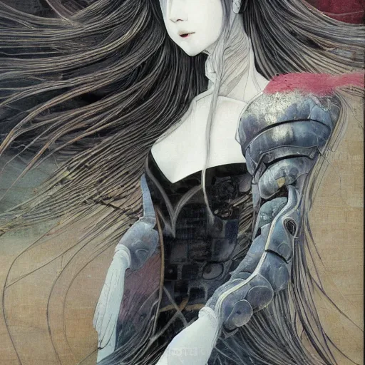 Image similar to yoshitaka amano blurred and dreamy realistic illustration of a young japanese woman with black eyes, wavy white hair fluttering in the wind wearing elden ring armor with engraving, abstract patterns in the background, satoshi kon anime, noisy film grain effect, highly detailed, renaissance oil painting, weird portrait angle, blurred lost edges, three quarter view