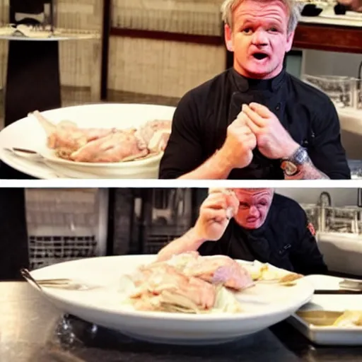 Prompt: < photo trending > gordon ramsey reacts outrageously to being served a plate overflowing with raw sliced chicken