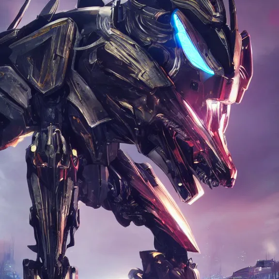 Image similar to cinematic shot, 35 foot tall extremely detailed beautiful handsome quadrupedal western robot mecha dragon, sharp edged black armor, shining gold accents around the edges, sleek OLED blue visor for eyes, four legs, walking in busy neon city streets, sharp claws, epic shot, highly detailed art, sci fi, furry, 3D realistic, warframe fanart, destiny fanart, furry art, dragon art, feral art, macro art, furaffinity, DeviantArt, sofurry