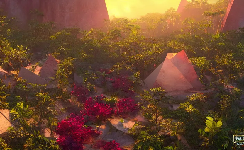 Image similar to a crystal tetrahedron!!! in the middle of ancient ruins in a lush prehistoric jungle, inside a humongous cave, red and magenta flowers, sunset, godrays, orange and blue sky, haze, volumetric lighting, a high - quality render, photorealistic, unreal engine 5