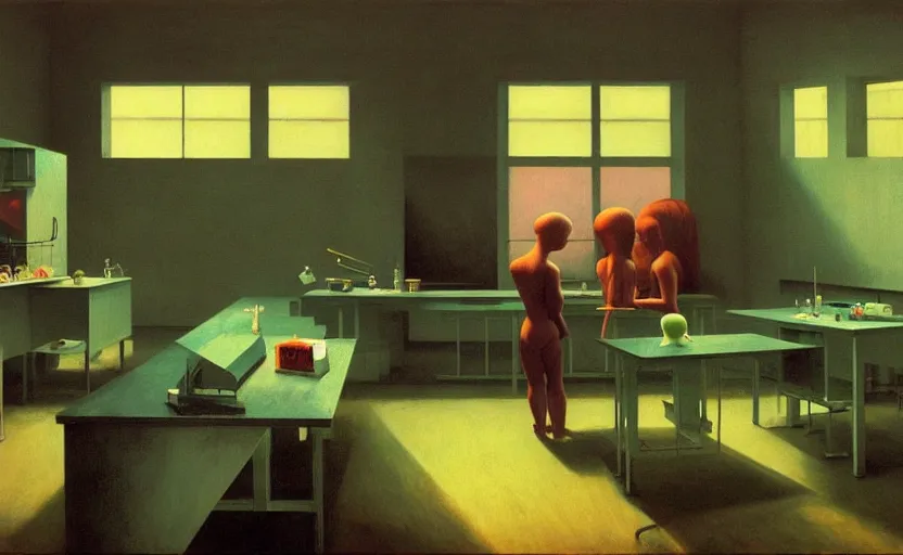 Prompt: Inside a laboratory, Edward Hopper and James Gilleard, Zdzislaw Beksinski, Mark Ryden, Wolfgang Lettl highly detailed, hints of Yayoi Kasuma