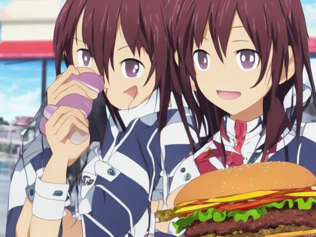 Prompt: yuuki konno from sword art online eating a big burger and being happy, High Definition detail, 8K, anime