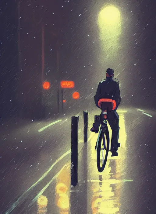 Image similar to uber eats delivery driver on a bicycle, night, rain, lofi, lofi, peaceful, street light, anime key visual, poster, street wears, anime, by wlop, high quality, 4 k, trending, trending on artstation