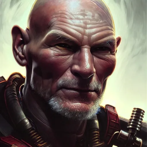 Prompt: portrait painting of a cyberpunk orc doctor muscular patrick stewart, ultra realistic, concept art, intricate details, eerie, highly detailed, photorealistic, octane render, 8 k, unreal engine. art by artgerm and greg rutkowski and charlie bowater and magali villeneuve and alphonse mucha