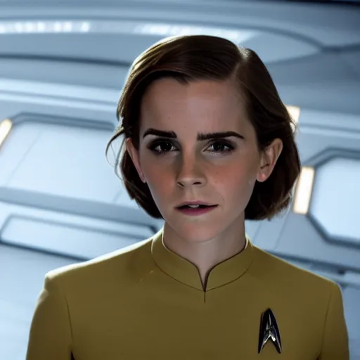 Prompt: Emma Watson in Star Trek, XF IQ4, f/1.4, ISO 200, 1/160s, 8K, RAW, Dolby Vision, symmetrical balance, in-frame