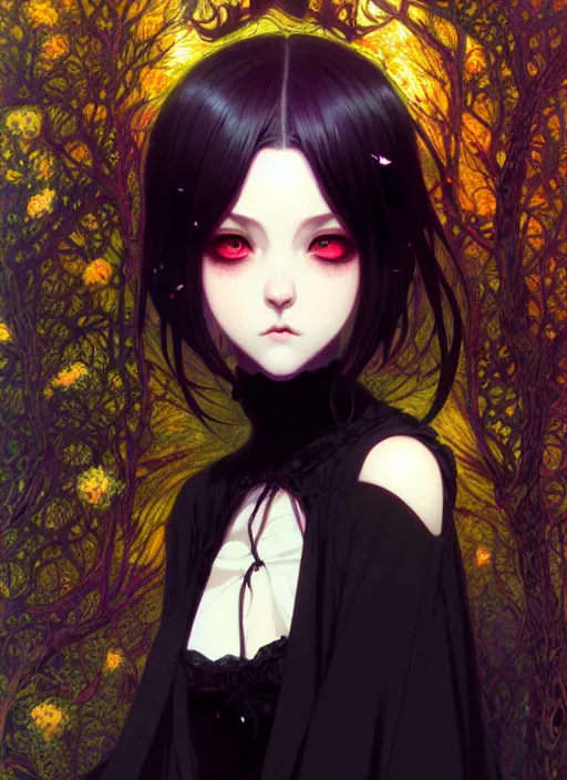 Prompt: portrait of beautiful gothic girl, cute face, intricate, highly detailed, digital painting, official media, anime key visual, concept art, rich vivid colors, ambient lighting, sharp focus, illustration, art by wlop and ilya kuvshinov and makoto shinkai and range murata and gustav klimt